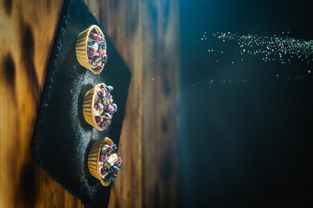 Tartlets with cottage cheese cream, cranberries and blueberries on a black plate, sprinkled with powdered sugar on a wooden background. High quality photoの写真素材