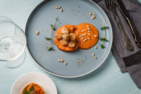 Scallops with carrot puree with Romesco sauce, fesalis and pine nuts on a blue plate on a light background with a napkin and cutlery and a glass of white wine. High quality photoの写真素材