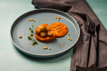 Scallops with carrot puree with Romesco sauce, fesalis and pine nuts on a blue plate on a light background with a napkin and cutlery. Diet food, vegetarian dish. High quality photoの写真素材