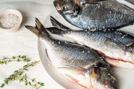 Raw fresh sea breath fish with salt and oregano on a white plate and a light background, ready to cook. High quality photoの写真素材