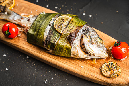 Dorado fish baked in leek leaves with lemon, lime, cherry tomatoes and coarse salt on a wooden board on a black background. High quality photoの写真素材