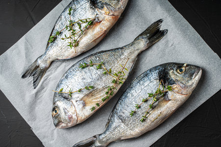 Three raw fresh fish dorado on baking paper on a black background. View from above. High quality photoの写真素材
