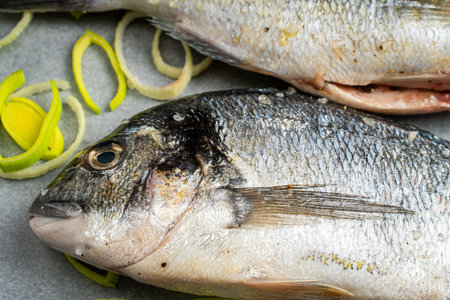 Raw dorado fish on baking paper with leeks cut into rings, ready to bake and cook. High quality...