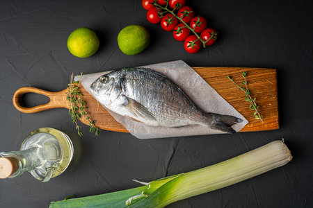 Fresh, raw dorado fish on a wooden board on a black background with leeks, lime, olive oil and cherry tomatoes on the table ready for cooking. High quality photoの写真素材