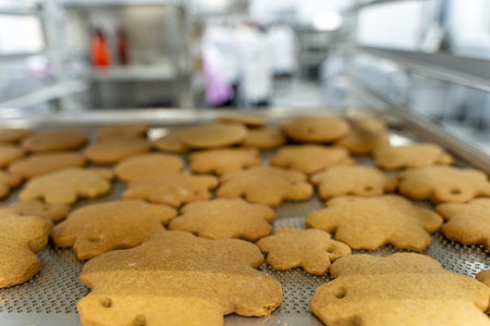 A variety of Christmas cookies or gingerbread on the production rack in the bakery workshop. High...