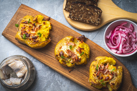 Baked potatoes with cheese and bacon crushed on a wooden board on a gray table with a can of herring, red pickled onions and rye bread. High quality photoの写真素材