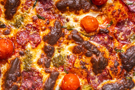 Pizza textured background. Pepperoni Pizza Close-Up. High quality photoの写真素材