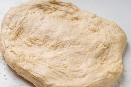 Yeast dough for a pie or pizza on a white table with flour. Pizza cooking process, recipe. High quality photoの写真素材