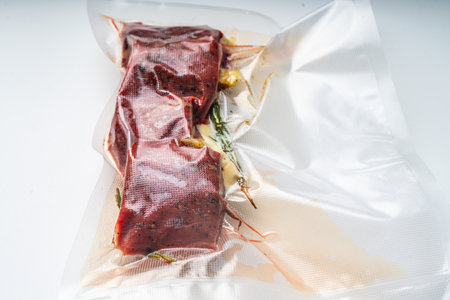 Mignon steaks with rosemary and spices in a vacuum, cooked sous vide. High quality photoの写真素材