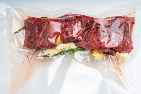 Mignon steaks with rosemary and spices in a vacuum, cooked sous vide. High quality photoの写真素材