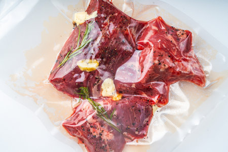 Beef Vacuumed with Rosemary cooked sous vide on a white background. High quality photoの写真素材