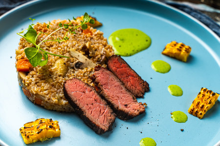 Sliced filet mignon steak with grits, mushrooms and corn served on a blue plate with a napkin and cutlery on a wooden background. High quality photoの写真素材