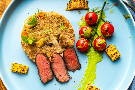 Sliced filet mignon steak with grits, cherry tomatoes, mushrooms and corn is originally served on a blue plate with a napkin and cutlery on a wooden background. High quality photoの写真素材