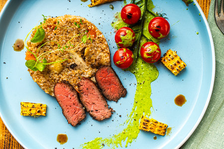 Sliced filet mignon steak with grits, cherry tomatoes, mushrooms and corn is originally served on a blue plate with a napkin and cutlery on a wooden background. Top view. High quality photoの写真素材