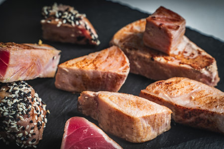 A variety of fried tuna pieces. Tuna with white and black sesame seeds and cut slices on a black...