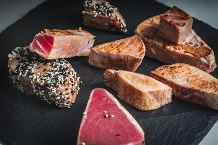 A variety of fried tuna pieces. Tuna with white and black sesame seeds and cut slices on a black mica board. High quality photoの写真素材