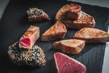A variety of fried tuna pieces. Tuna with white and black sesame seeds and cut slices on a black mica board. High quality photoの写真素材