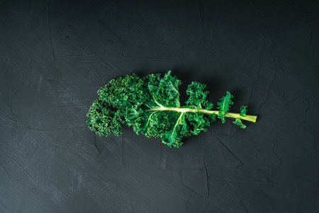 Green kale leaf on dark background, top view with copy space. Healthy detox vegetables. Clean eating and dieting concept. Top view with copy space. Health kale benefits. High quality photoの写真素材