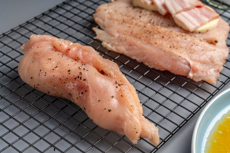 Raw stuffed chicken breast is ready to be cooked further on a black grill on a gray background. Traditional French Recipe. Close-up. High quality photoの写真素材