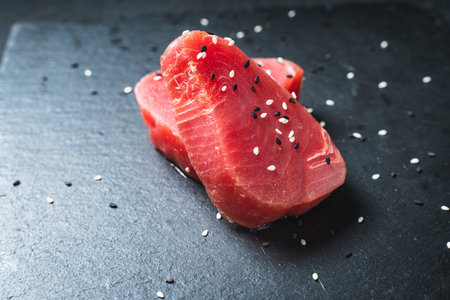 Raw tuna slices with black and white sesame seeds on a black background. High quality photoの写真素材