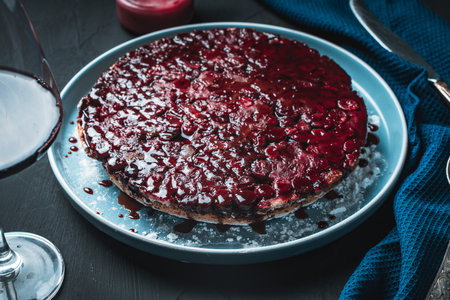 Cherry chocolate clafutis on a light blue plate on a dark background. French pie according to a traditional recipe. A quick homemade dessert. High quality photoの写真素材