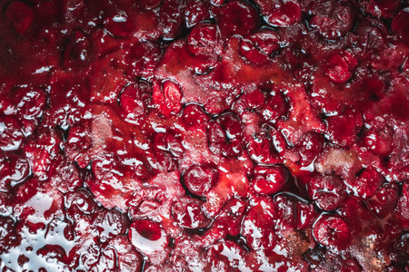 Background with cherry pie texture. French chocolate cherry clafoutis close-up. High quality photo
