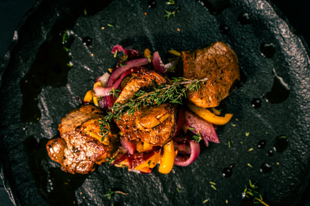 Slice of roasted pork tenderloin with vegetables, pink onion and yellow pepper on a black plate on a dark background. Beautiful, restaurant presentation of the dish. Top view. High quality photoの写真素材