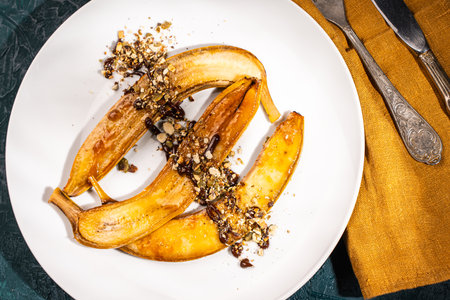 Flambe bananas. Dessert of bananas with pistachios, toasted pumpkin seeds, chocolate and caramel on a white plate on a dark green background. Place for text. Top view. Close-up. High quality photoの写真素材