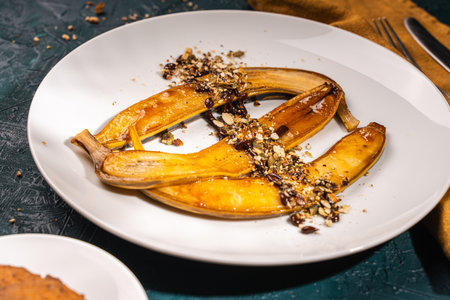 Flambe bananas. Dessert of bananas with pistachios, toasted pumpkin seeds, chocolate and caramel on a white plate on a dark green background. Place for text. Close-up. High quality photoの写真素材