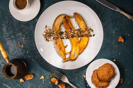 Bananas flambe on a white plate with nuts and chocolate on a table with coffee and a cezve on a dark background with a knife and fork. Top view. Restaurant serving dessert High quality photoの写真素材