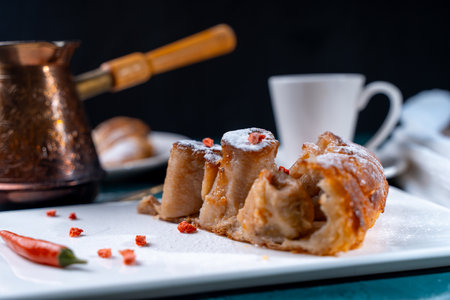 A slice of banana pie with hot chili peppers and coffee cooked in a cezve on a dark green background. French Tarte Tatin and handmade croissants on the table. High quality photoの写真素材
