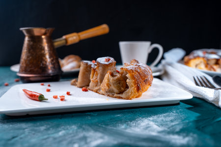 A slice of banana pie with hot chili peppers and coffee cooked in a cezve on a dark green background. French Tarte Tatin and handmade croissants on the table. High quality photoの写真素材