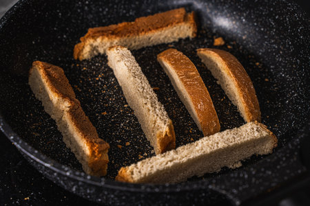 Slices of bread or croutons are toasted in a black pan. High quality photoの写真素材