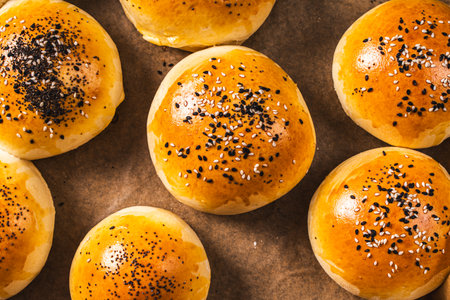 Fresh sesame burger buns. View from above. Close-up. High quality photoの写真素材
