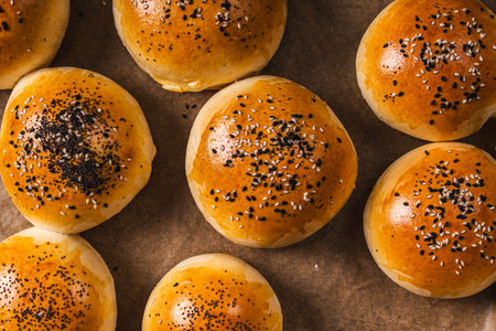 Fresh sesame burger buns. View from above. Close-up. High quality photoの写真素材