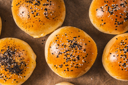Fresh sesame burger buns. View from above. Close-up. High quality photoの写真素材