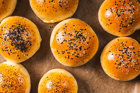 Fresh sesame burger buns. View from above. Close-up. High quality photoの写真素材