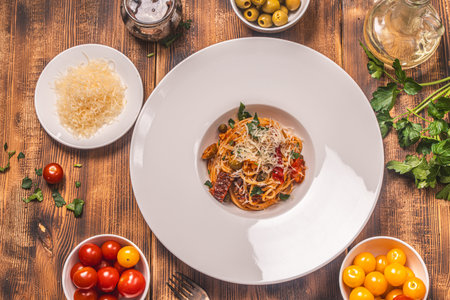 Spaghetti or Puttanesca pasta according to a traditional Italian recipe with anchovies, olives, capers on a white plate on a wooden background with ingredients. Top view. High quality photoの写真素材