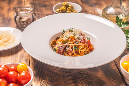 Spaghetti Puttanesca according to a traditional Italian recipe with anchovies, olives, capers on a white plate on a wooden background with ingredients on the table. High quality photoの写真素材