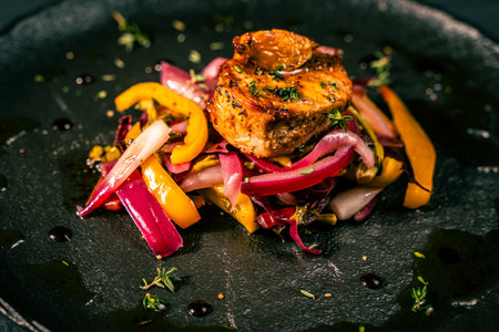 Slice of roasted pork tenderloin with vegetables, pink onion and yellow pepper on a black plate on a...