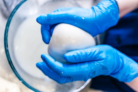 Blue-gloved hands roll a ball of mozzarella cheese over a glass dish. Close-up. High quality photoの写真素材