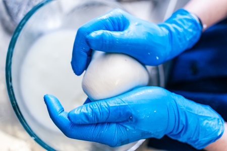Close-up of hands making mozzarella cheese. His hands in blue gloves roll up a lump of cheese. High quality photoの写真素材