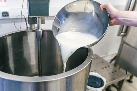 Milk is poured into a container for making ricotta cheese, mozzarella. Selected Focus. High quality photoの写真素材