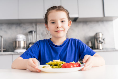 Cute girl sitting at the table with a healthy and delicious waffle breakfast with spinach, cheese and tomatoes. The concept of vitaminized nutrition for children. Selected focus. High quality photoの写真素材
