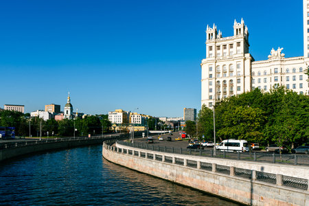 Moscow, Russia - May 23, 2024: Kotelnicheskaya Embankment, Moskva River, view of the river and the church from the bridge. Selected focus. High quality photoの写真素材