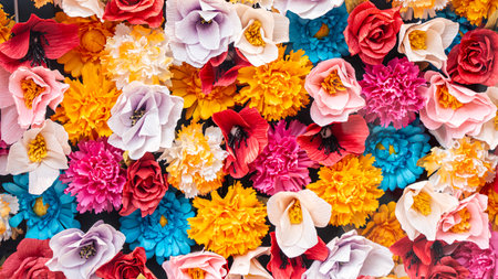 Wall of bright colors. Background from many flowers of different colors. Floral texture for design. High quality photoの写真素材