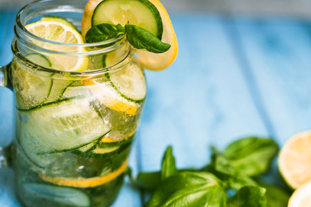A close-up jar of cucumber, basil, lime and lemon on a blue wooden table. A refreshing summer drink. Copy a space. Selected focus. High quality photoの写真素材