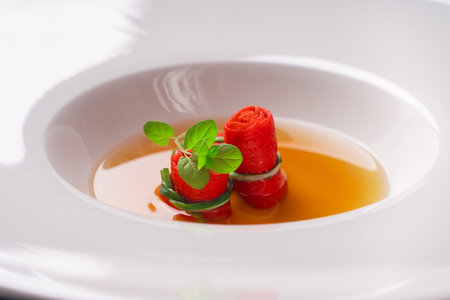 Consomme or broth with red omelette rolls served in a white plate. Close up. High quality photoの写真素材
