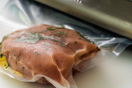 The process of preparing chicken breast using the sous vide method. Chicken marinated with herbs in a vacuum-sealed bag and a vacuum sealer on a white background. High quality photoの写真素材