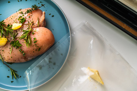 Raw chicken breast marinated with rosemary, garlic and herbs on a white background and vacuum bag. High quality photoの写真素材